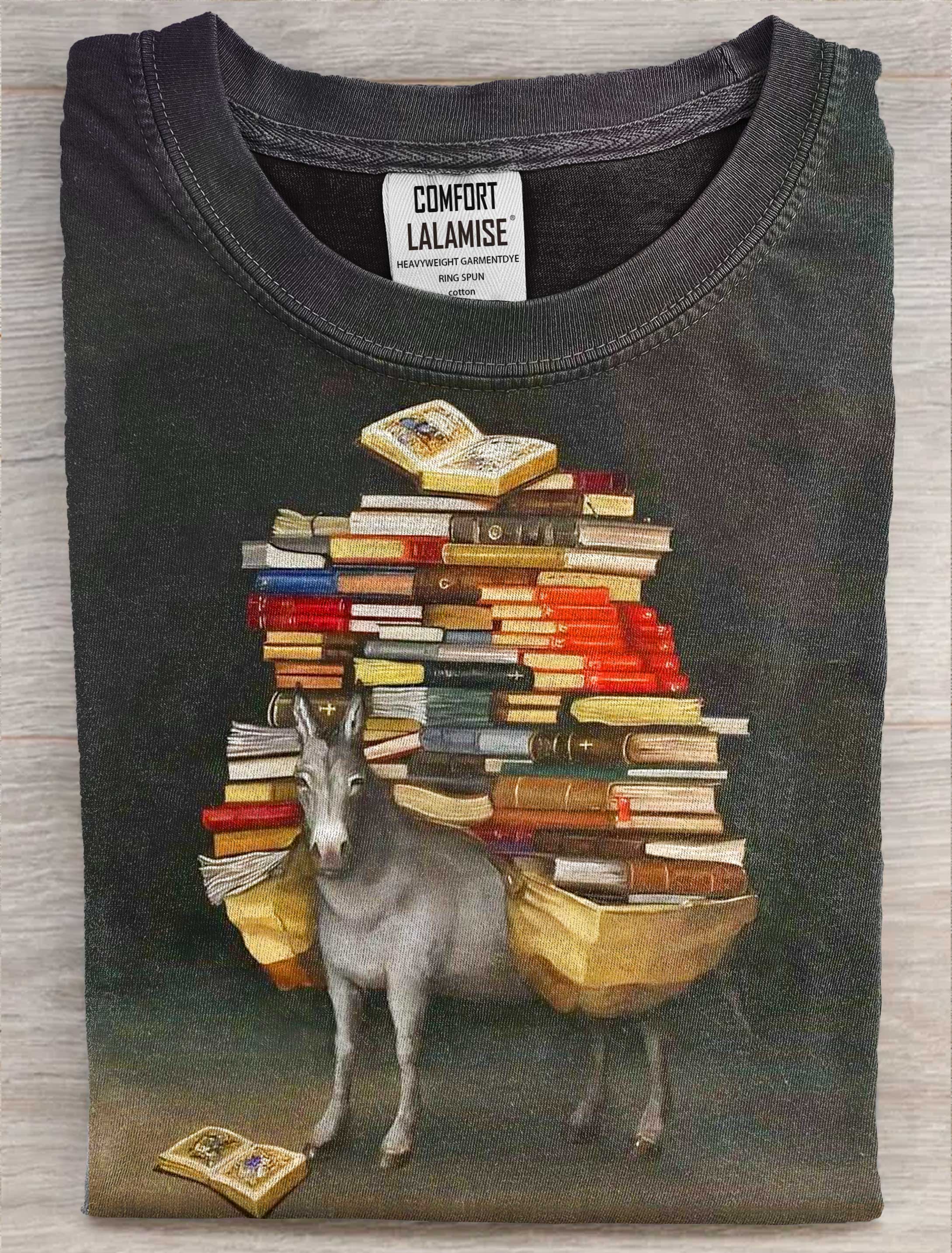 Donkey With Book Art Print Casaul Short Sleeve  T-shirt