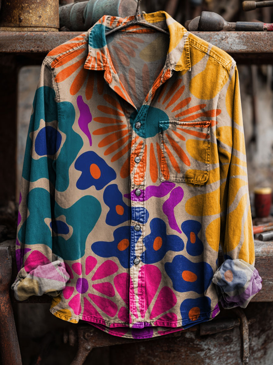 Vintage Flower Art Print 100% Cotton Long Sleeve Shirt