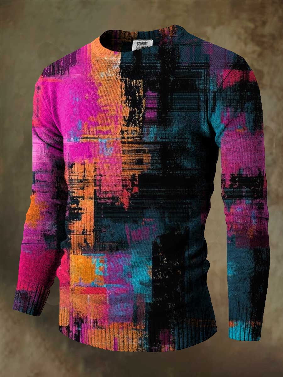 Abstrct Multicolor Art Print Knit Pullover Sweater