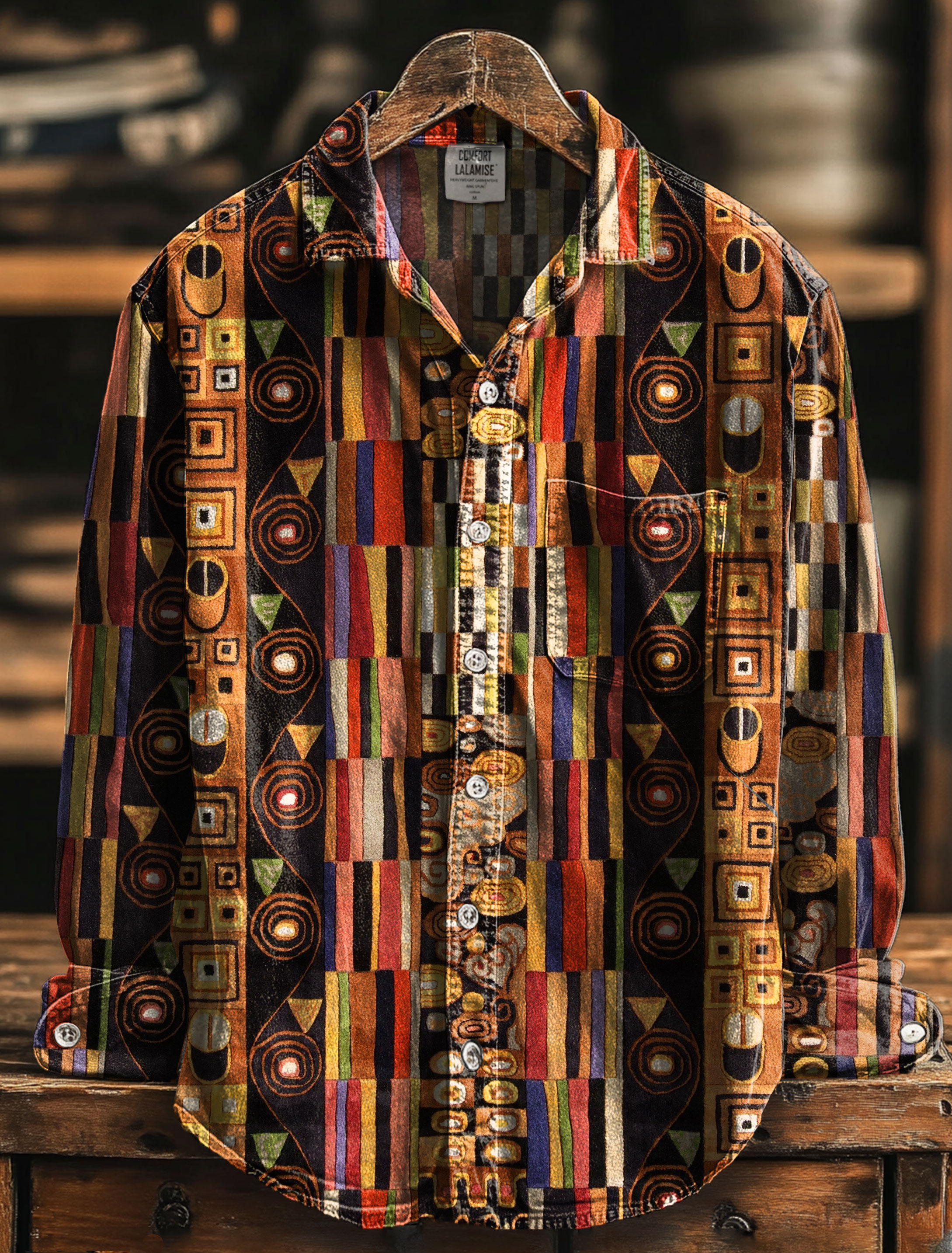 Retro Abstrct Art Print 100% Cotton Long Sleeve Shirt