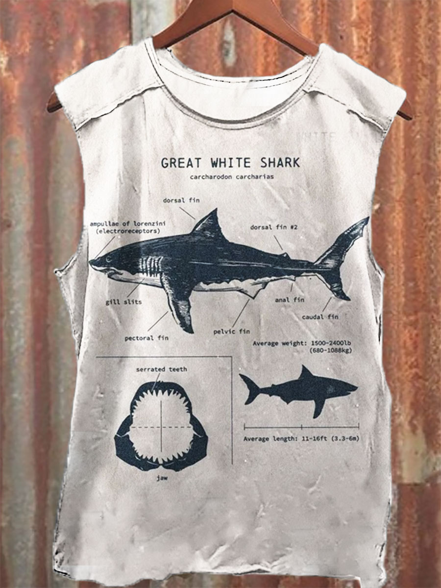 Great White Shark Anatomy Print 100% Cotton Casual Tank Top