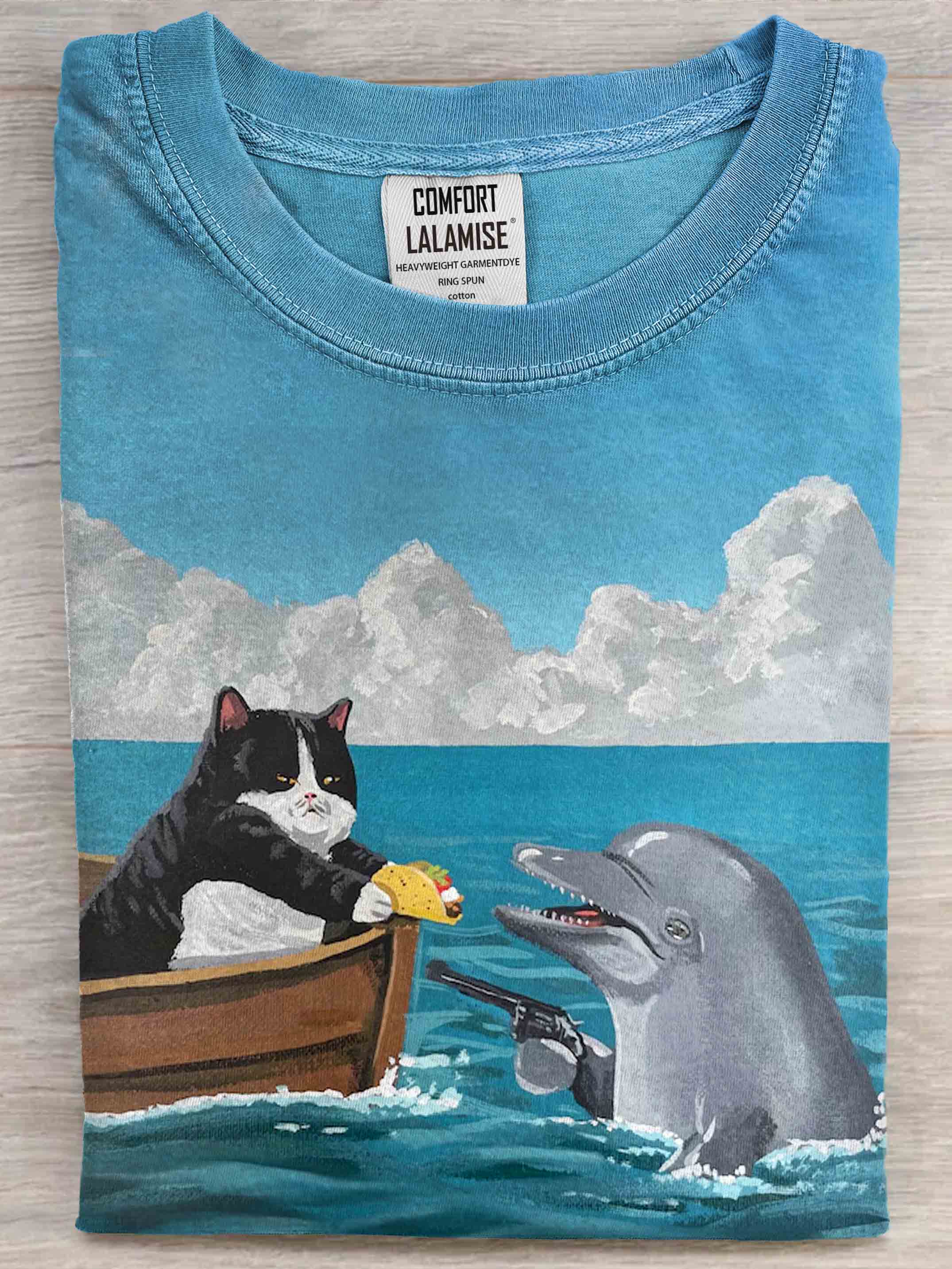 Funny Cat Dolphin Art Print Casaul Cotton Short Sleeve T-shirt