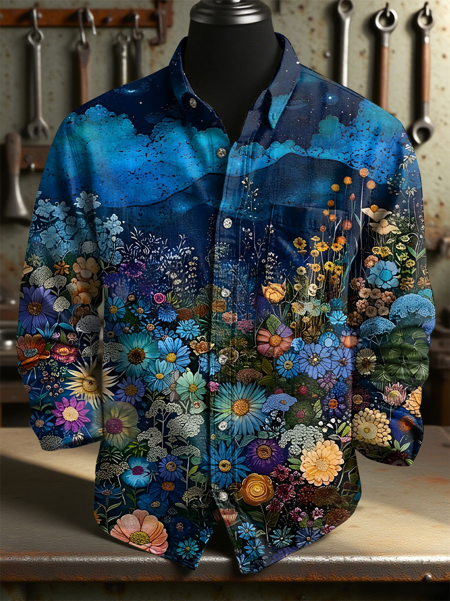 Vintage Multicolored Flowers Art Print 100% Cotton Long Sleeve Shirt