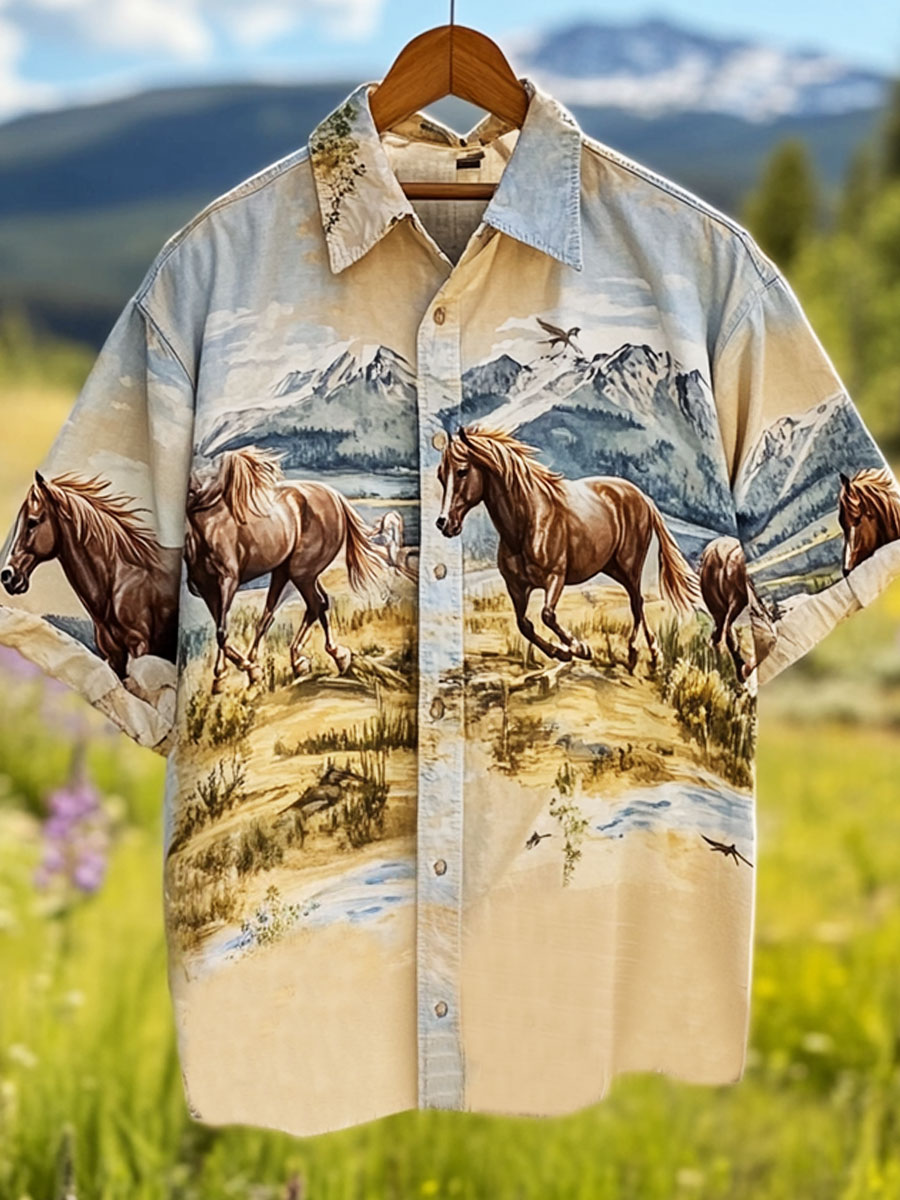 Vintage Horse Print Casual 100% Cotton Shirt