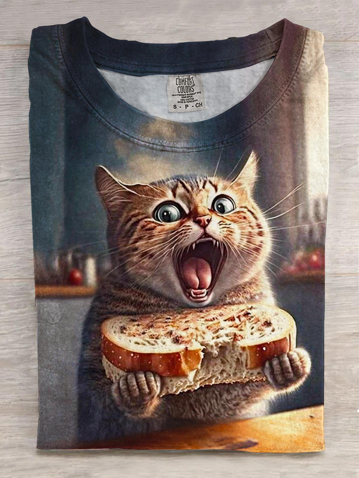 Big Mouth Cute Cat Print Crew Neck T-shirt