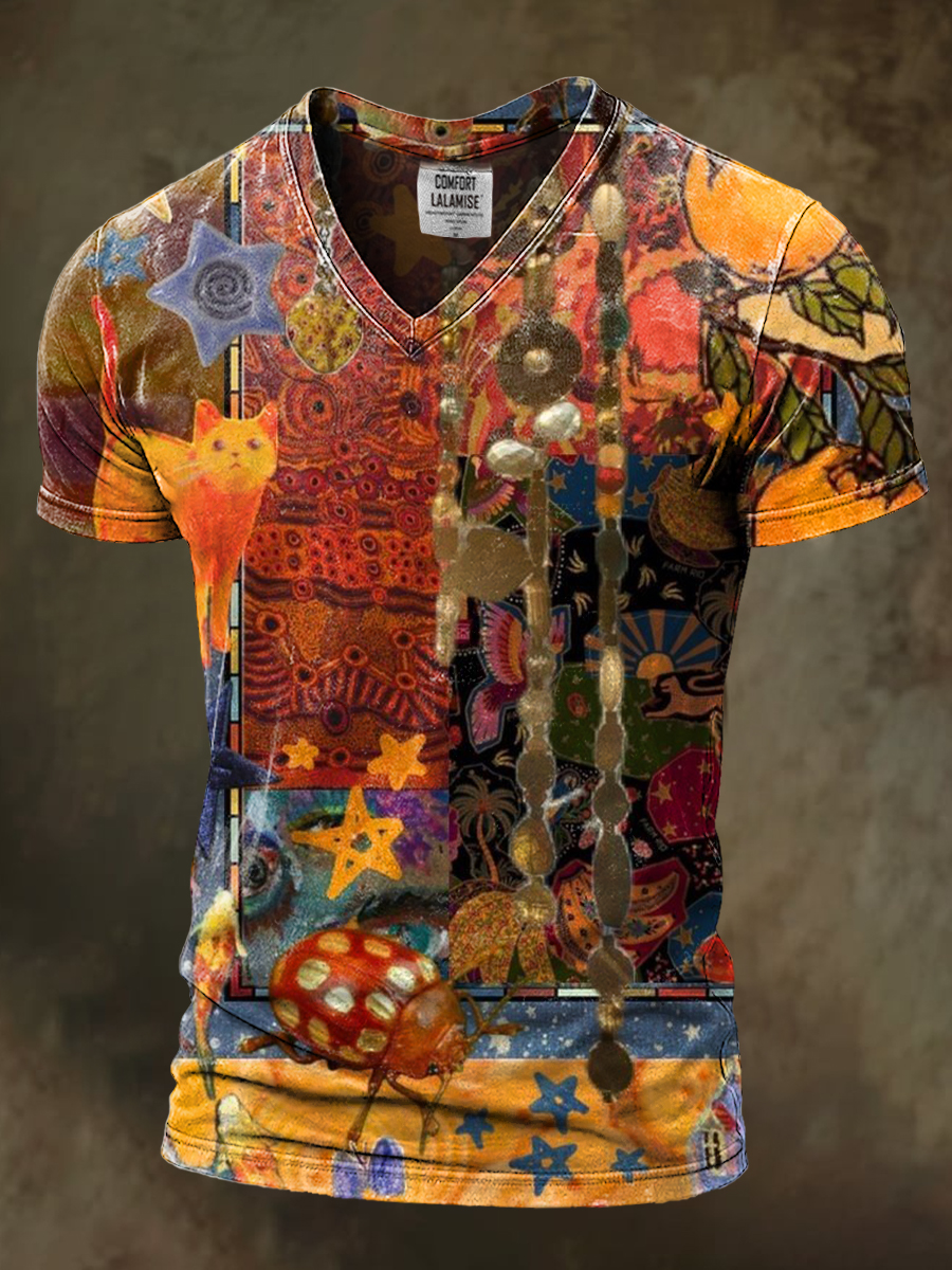 Abstract Colorful Cate Art Print Casaul Short Sleeve V-neck T-shirt