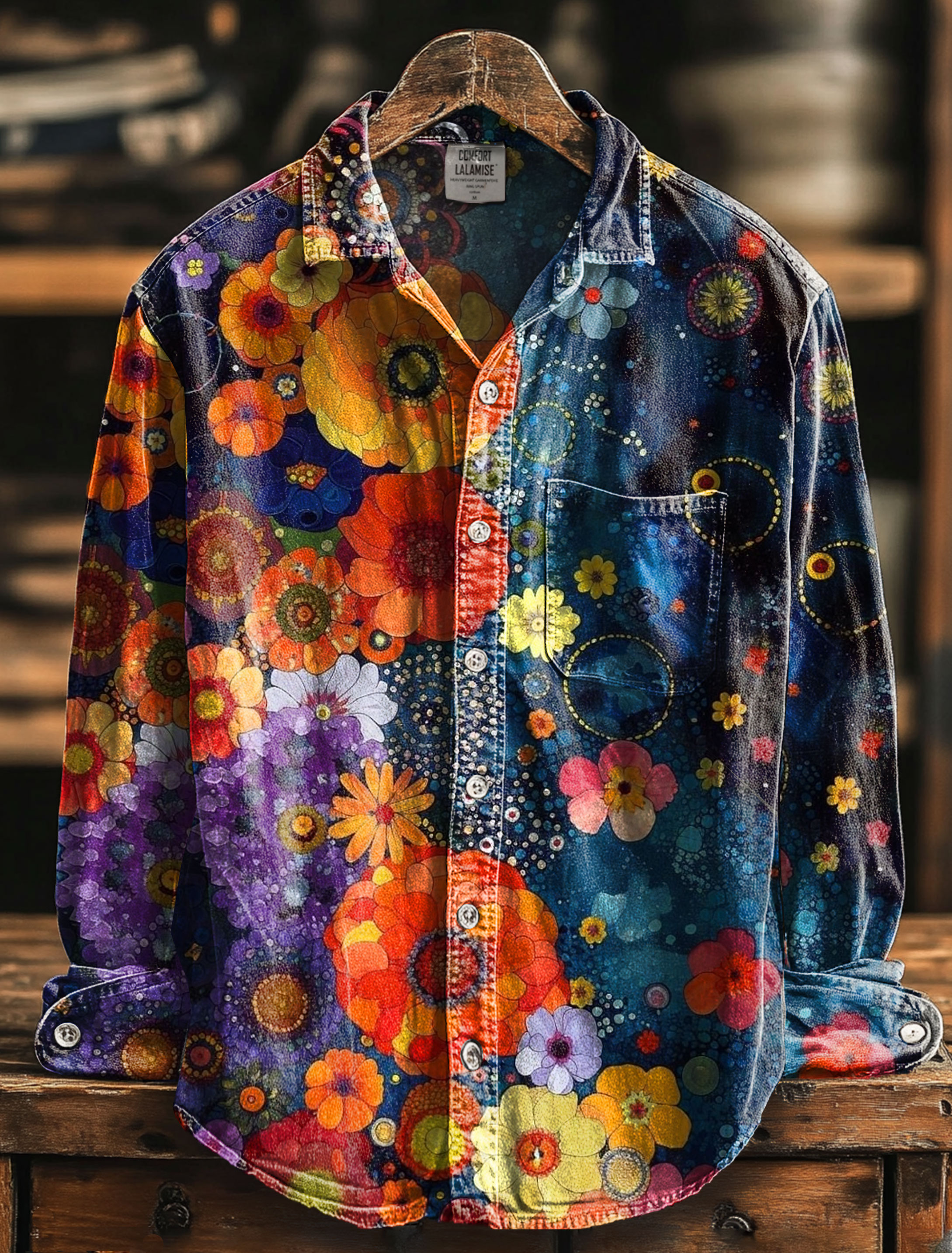 Vintage Flower Art Print 100% Cotton Long Sleeve Shirt