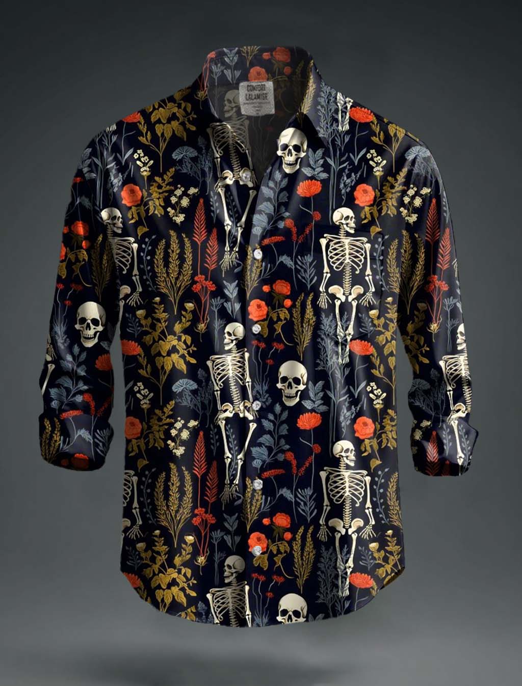 Vintage Floral Skull Print 100% Cotton Long Sleeve Shirt