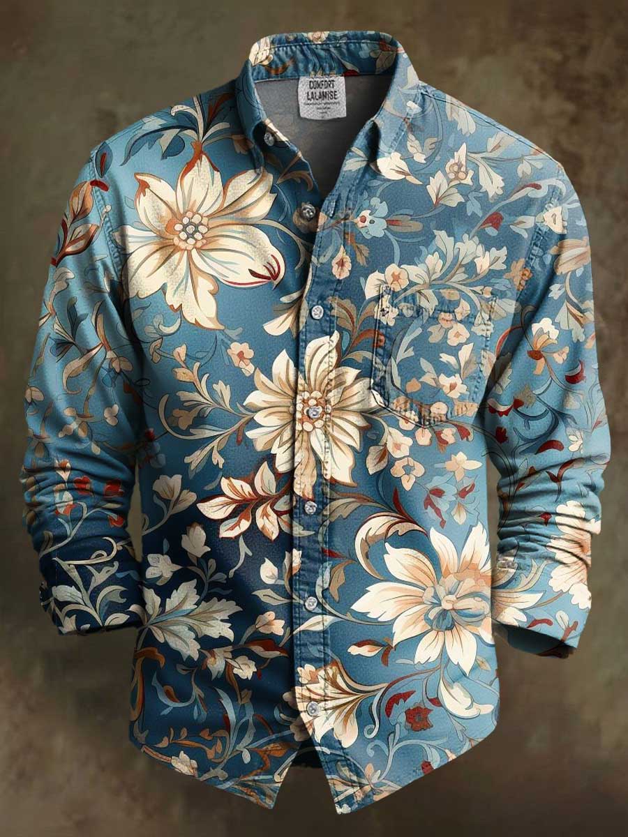 Vintage Blue Gradient Floral Print 100% Cotton Long Sleeve Shirt