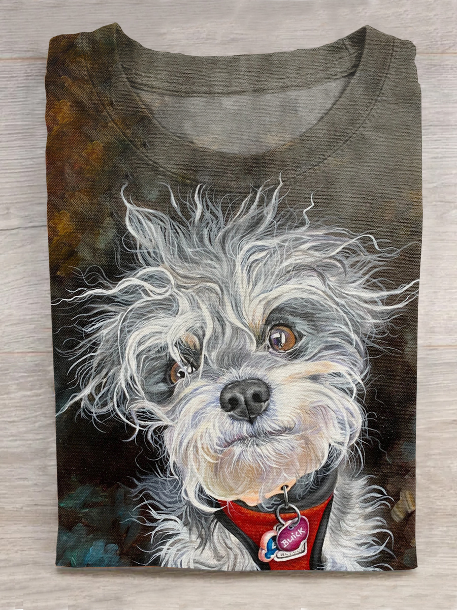 Dog Art Print Crew Neck T-Shirt