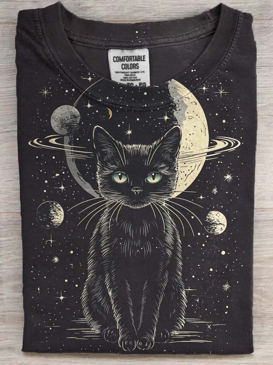 Space Cat Printed Casual Short Sleeve T-Shirt