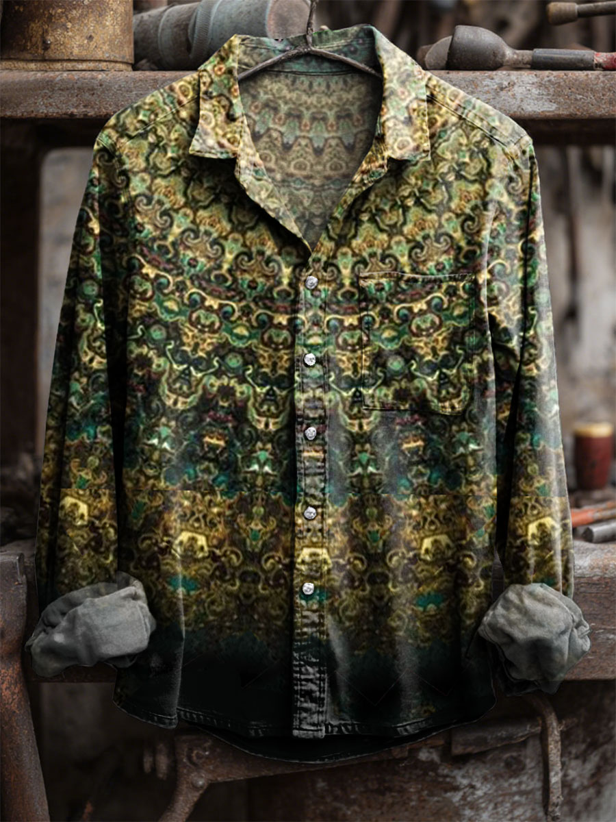 Vintage Green Mandala Pattern Print 100% Cotton Long Sleeve Shirt