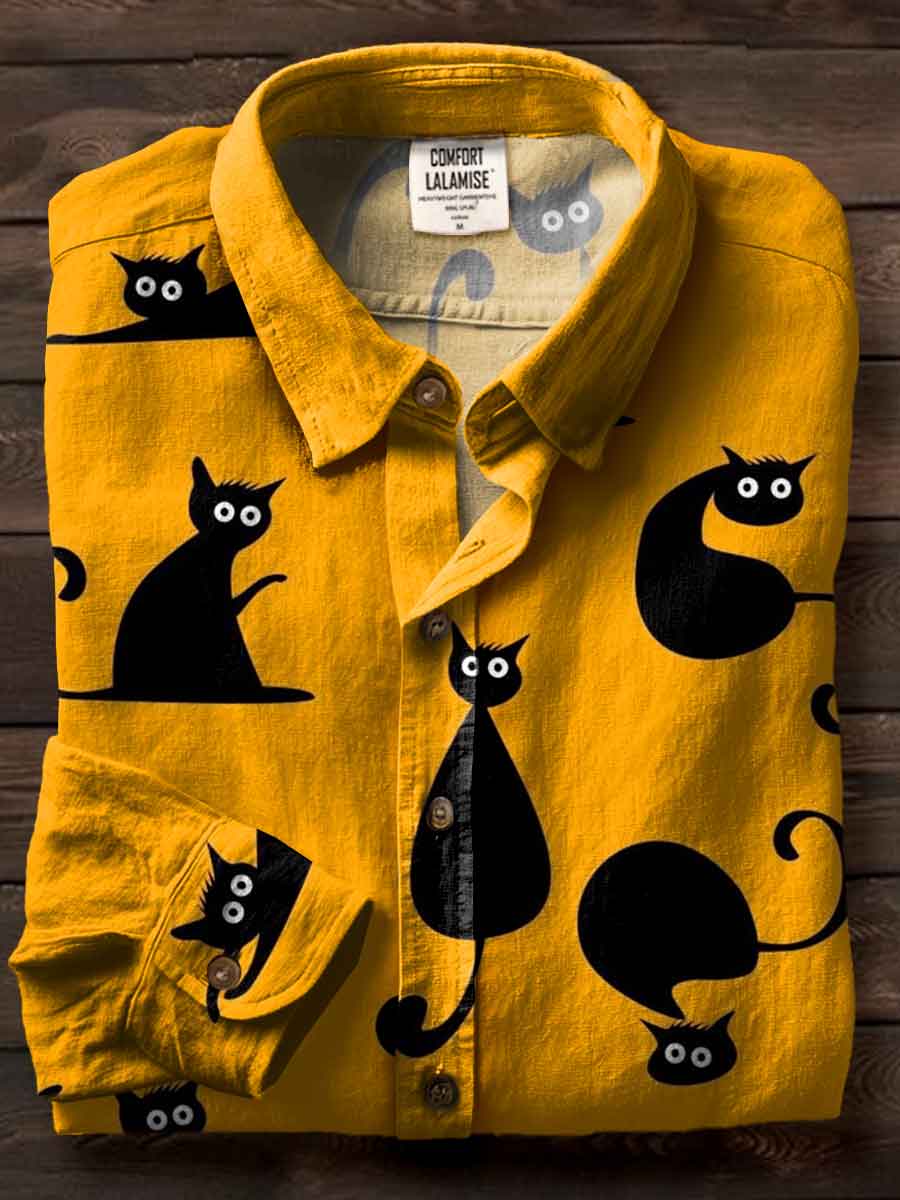 Black Cat Art Print Casual Cotton Shirt