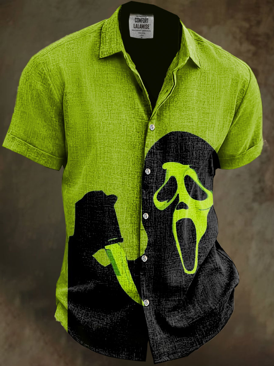 Funny Halloween Art Print Casual Cotton And Linen Shirt