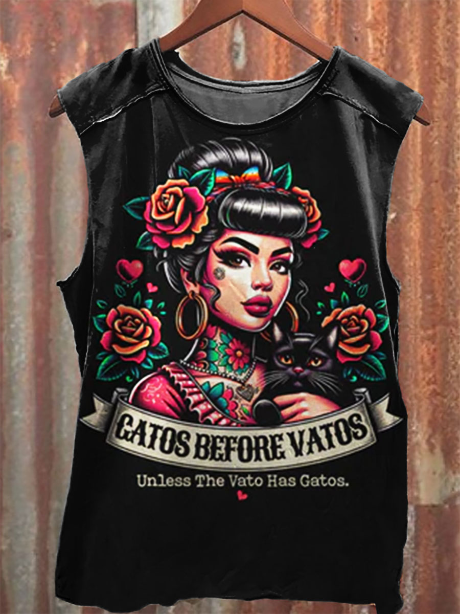 Gatos Before Vatos  Vintage Print 100% Cotton Casual Tank Top