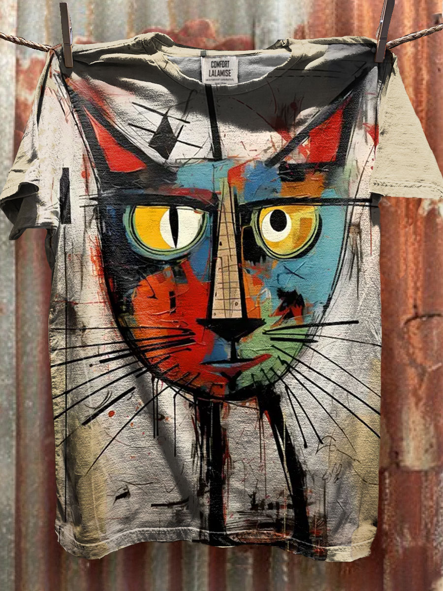 Abstrct Cat Face Art Print Casaul Short Sleeve T-shirt