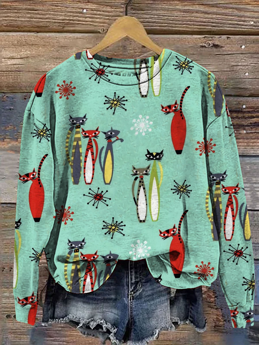 Vintage Cat Art Print Casual  Sweatshirt