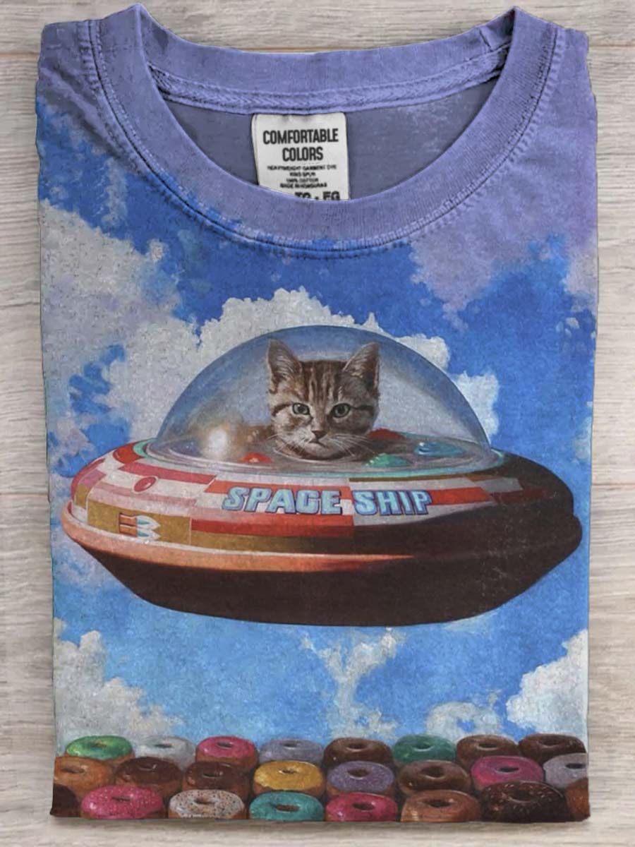 Spaceship Cat Print Casual Short Sleeve T-Shirt