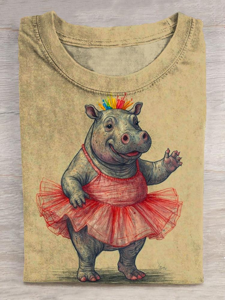 Ballet Hippo Art Printed Crew Neck Women's T-shirt