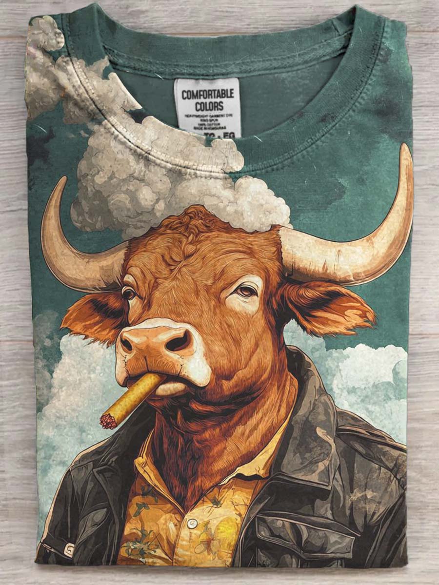 Fun Cow Smoking Print Casual Short Sleeve T-Shirt