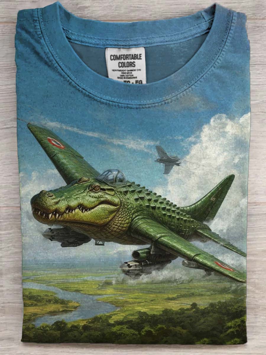 Abstract Crocodile Fighter Print Casual Short Sleeve T-Shirt