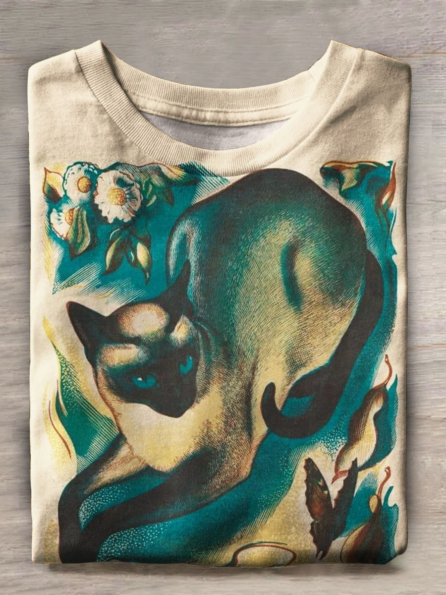 Vintage Cat Art Print Casual T-shirt