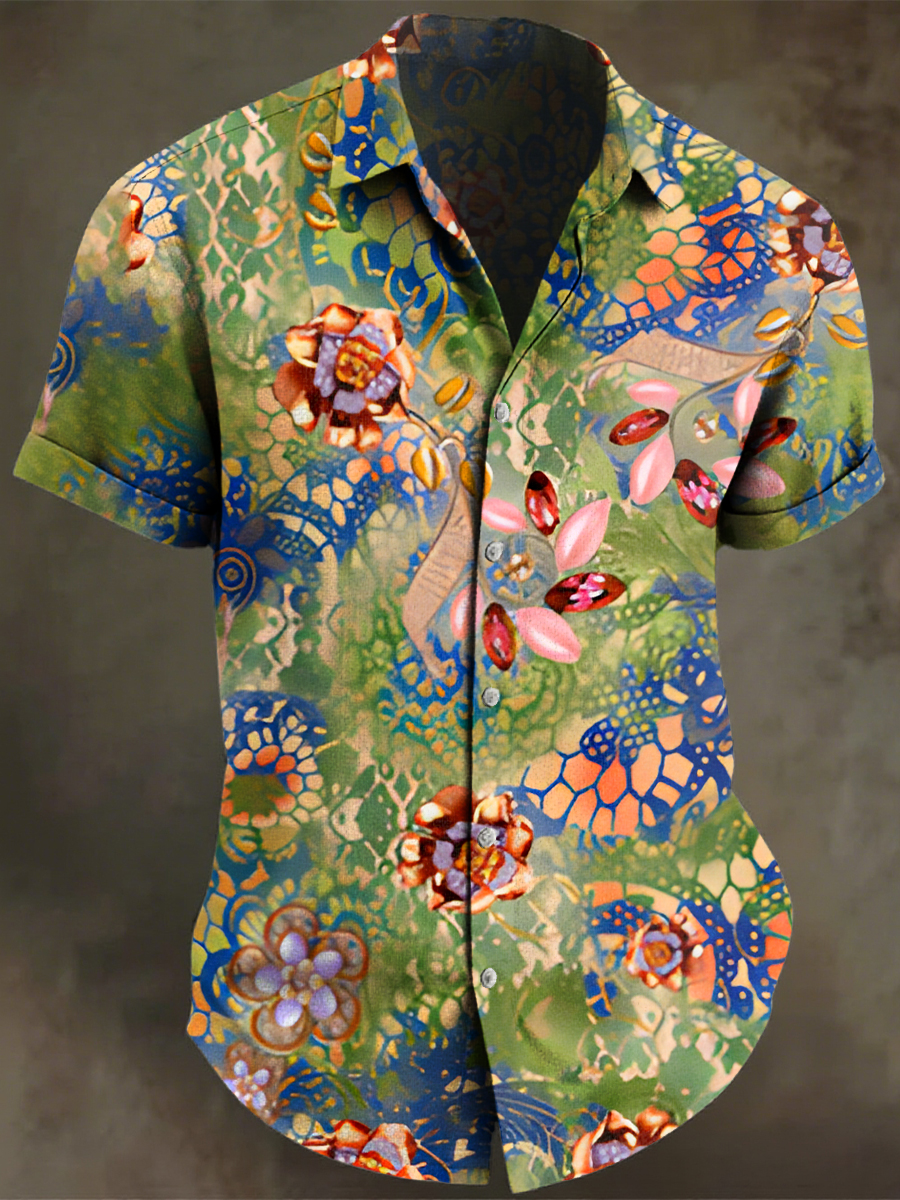 Vintage Multicolor Flowers Art Print Casual 100% Cotton Shirt