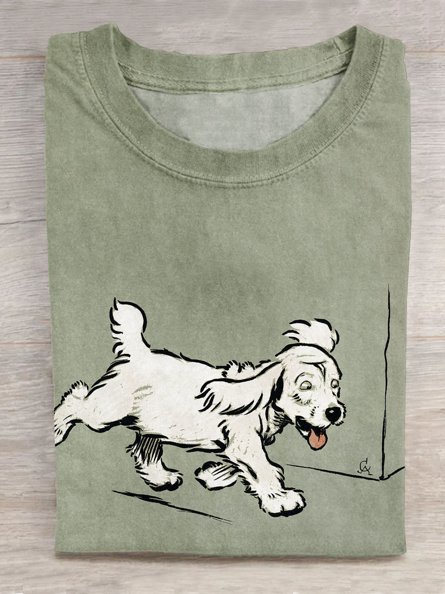 Simple White Dog Print Short Sleeves