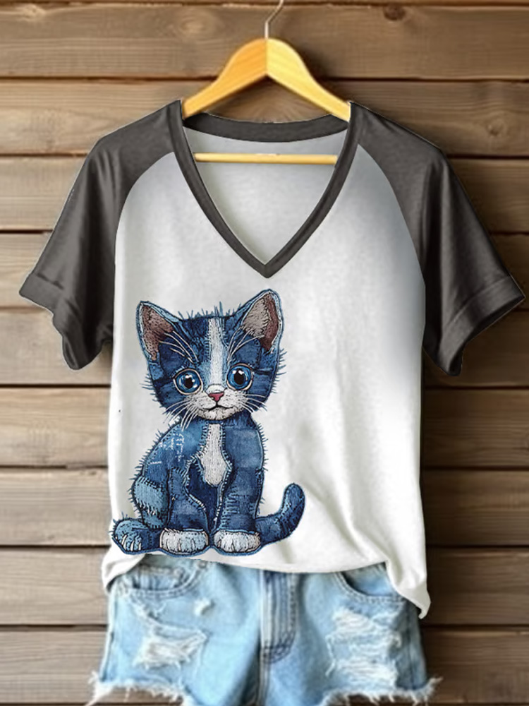 Women's Retro Funny Denim Patch Animal Cat Print Raglan Short Sleeve T-shirt