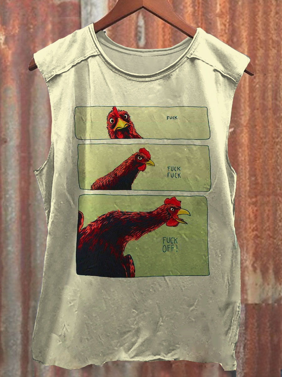 Funny Chicken Vintage Print 100% Cotton Casual Tank Top