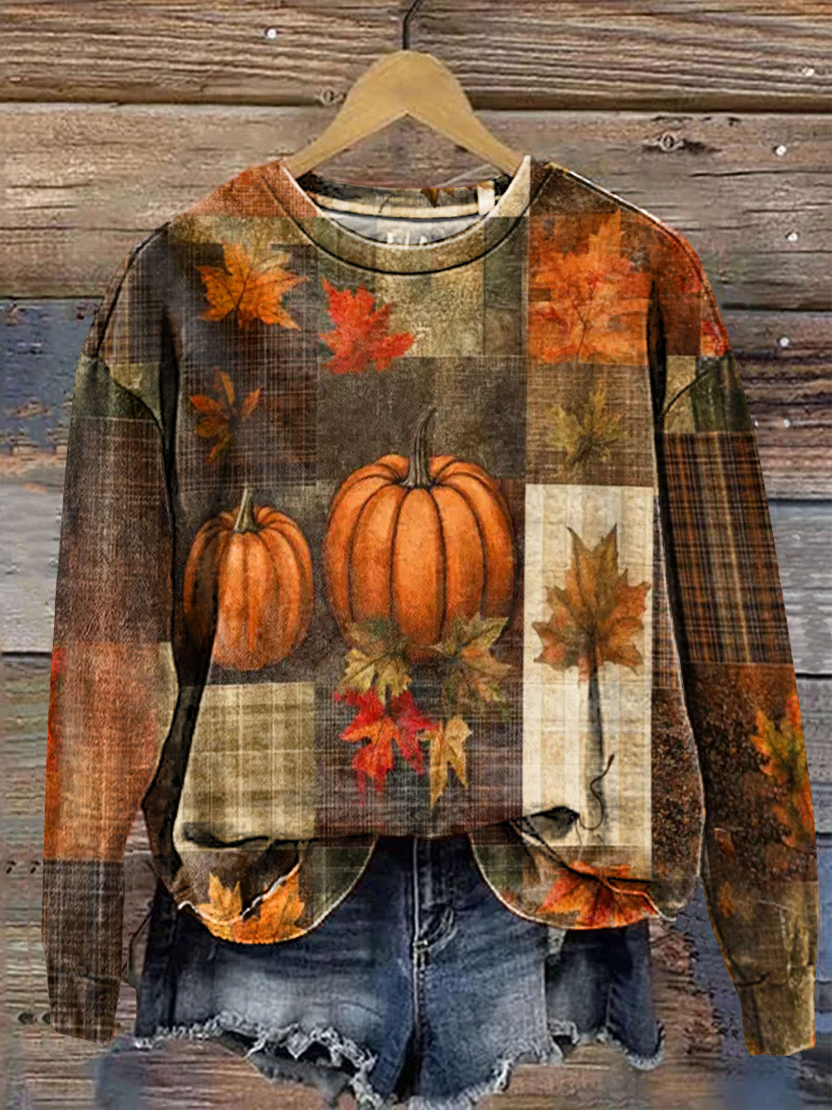 Vintage Holiday Pumpkin Halloween Patchwork Art Print Casaul Long Sleeve Sweashirt