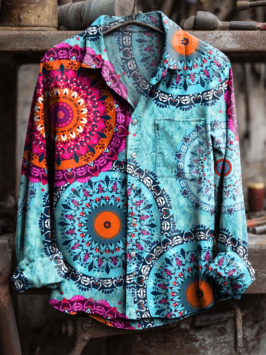 Vintage Light Blue Mandala Pattern Print 100% Cotton Long Sleeve Shirt