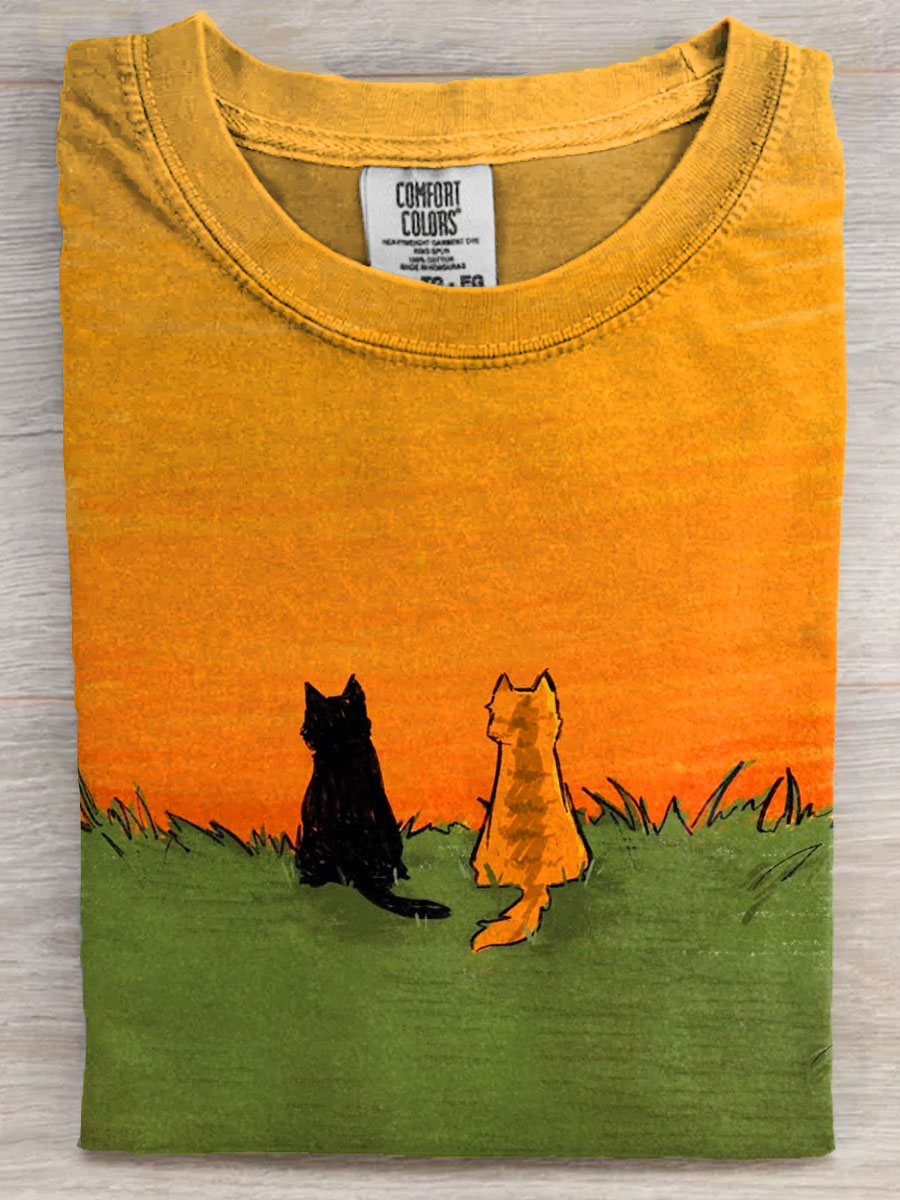 Sunset Cat Painting Art Print Casaul Short Sleeve T-shirt