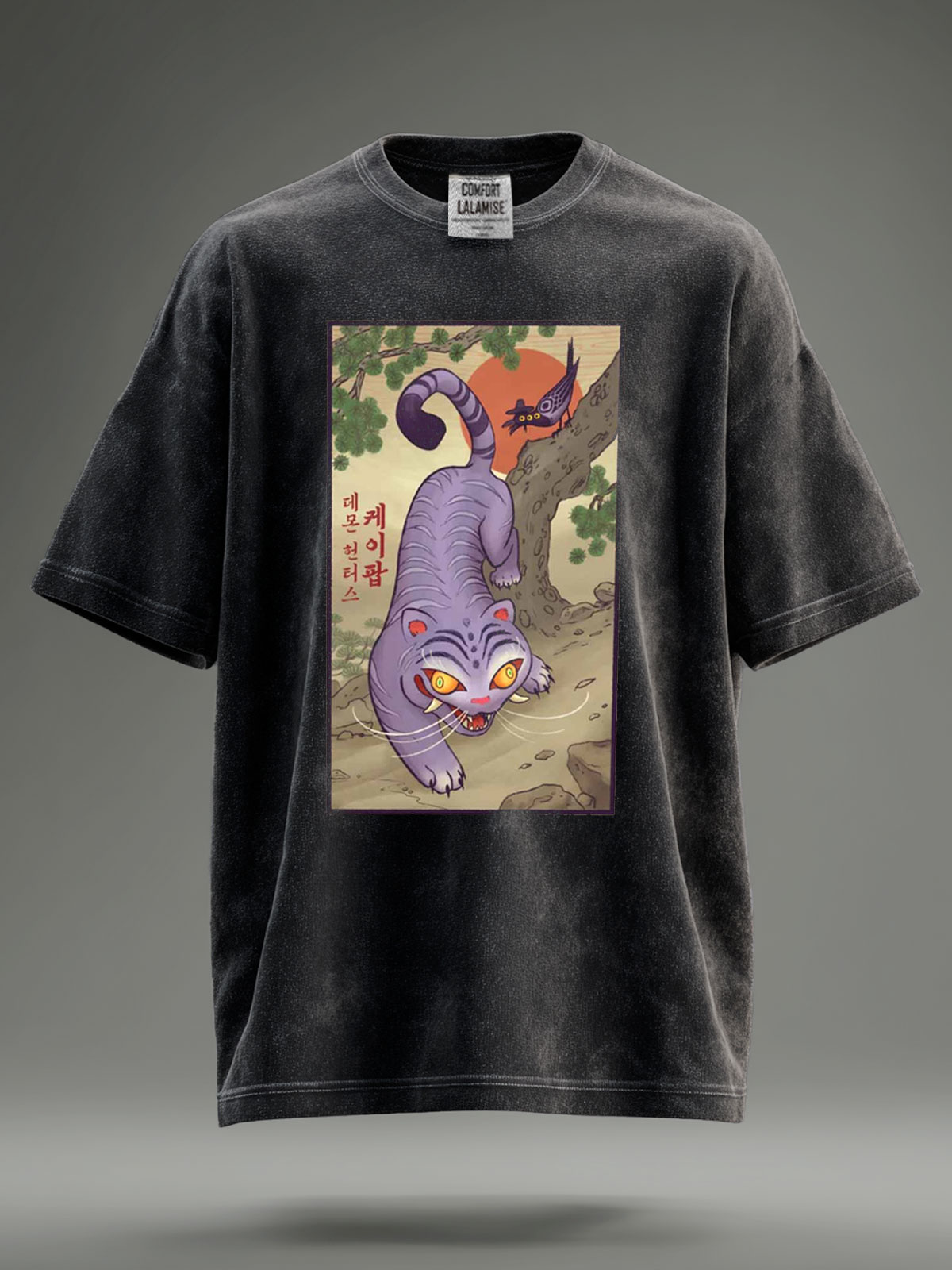 KPop Demon Hunters Print Retro Distressed Washed Cotton T-shirt