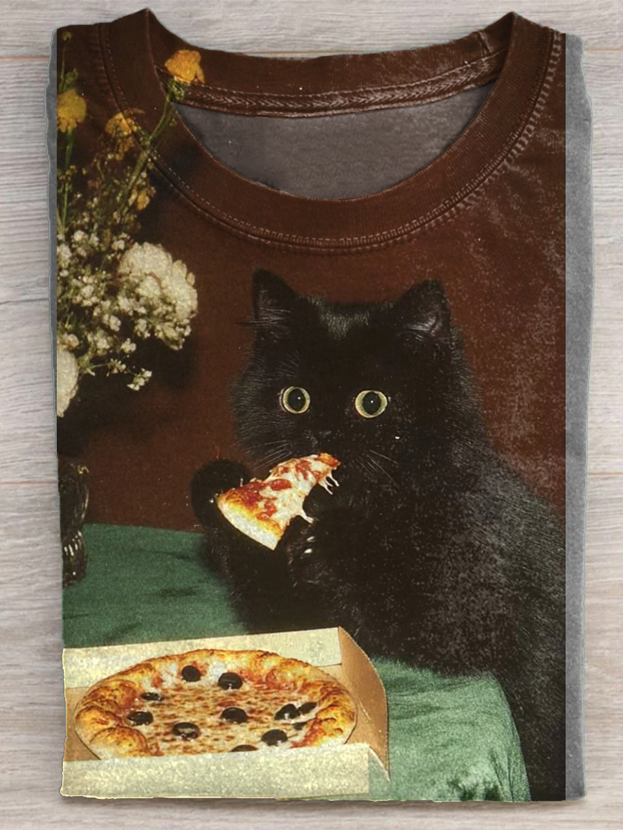 Fun Cat Pizza Art Print T-shirt