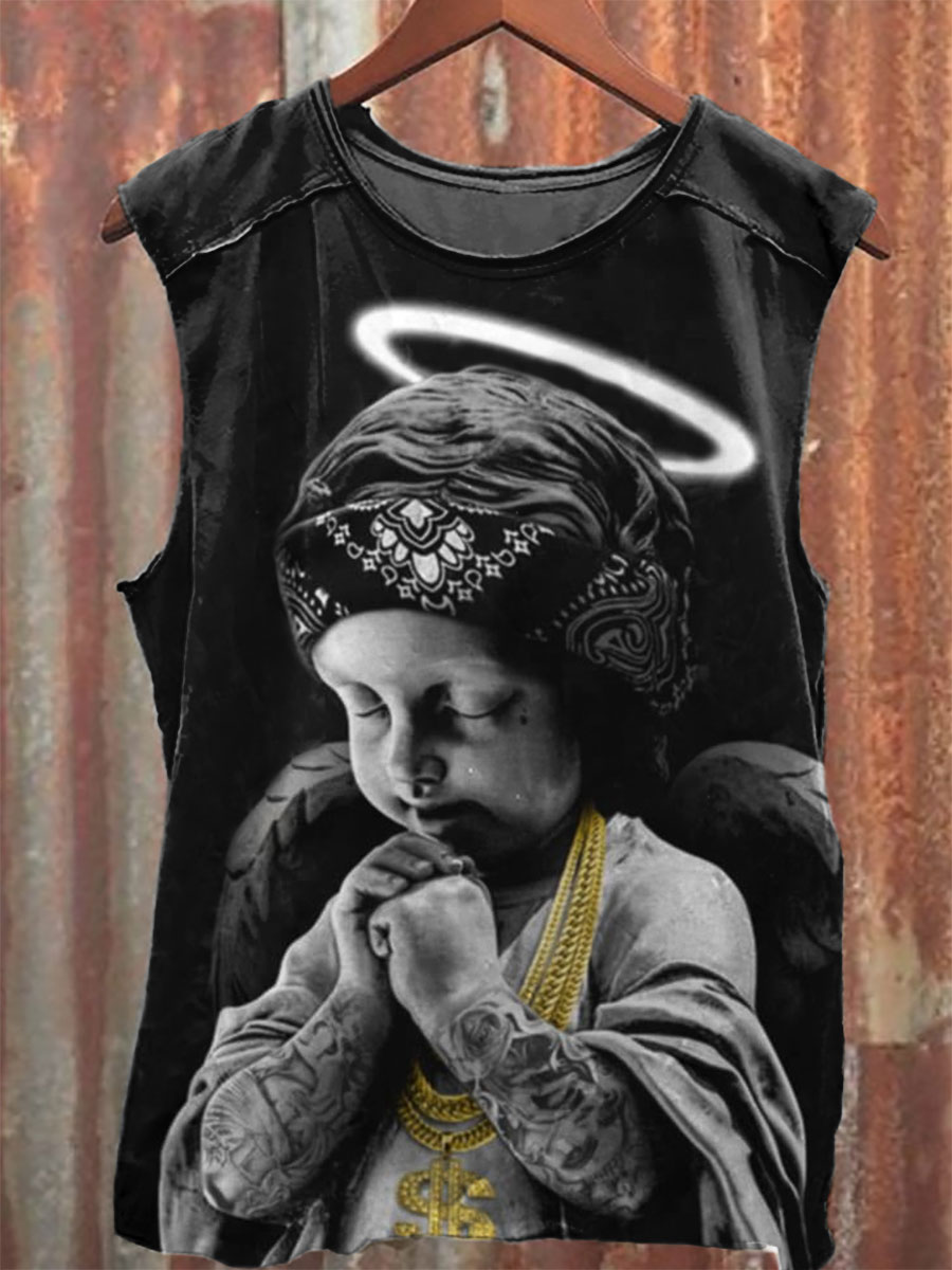 Angel Vintage Print 100% Cotton Casual Tank Top