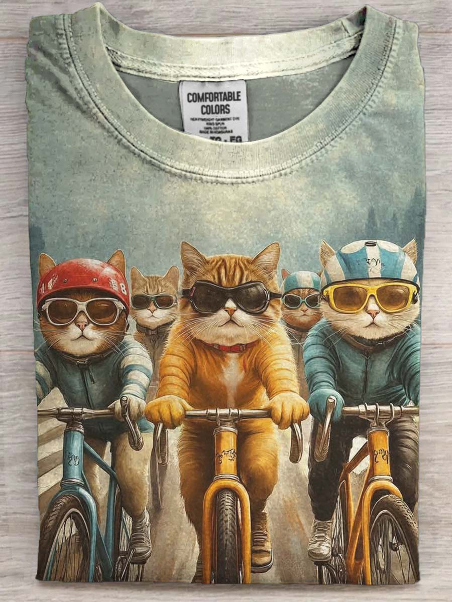 Cycling Cat Print Casual Short Sleeve T-Shirt