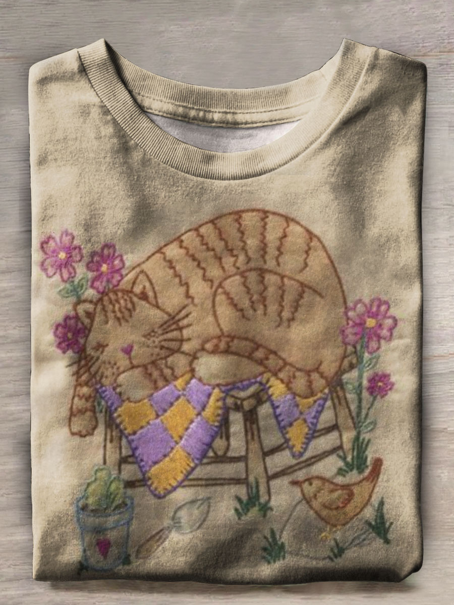 Vintage Cat Print Casual T-shirt