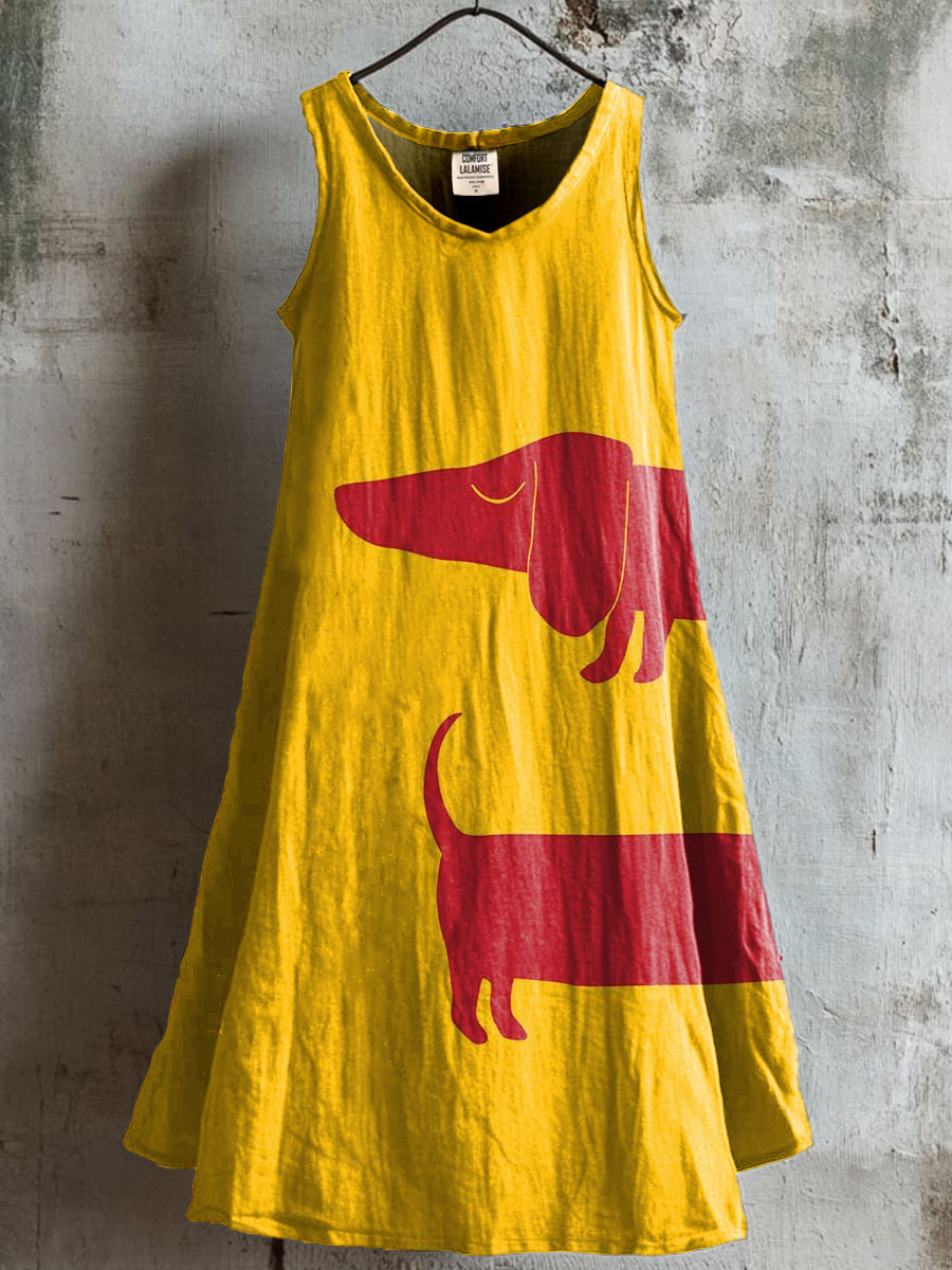 Women's Cute Dachshund Art Print V-neck Pocket Cotton Dress
