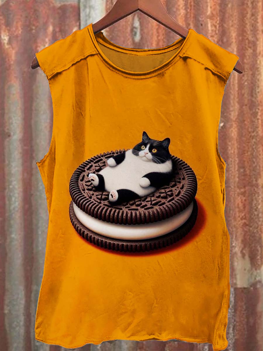 Fun Cat Cookie Print Casual Tank Top
