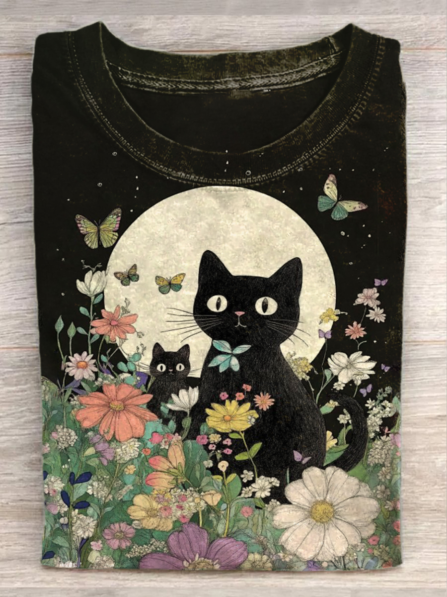 Unisex Cute Black Cat Print Design T-Shirt