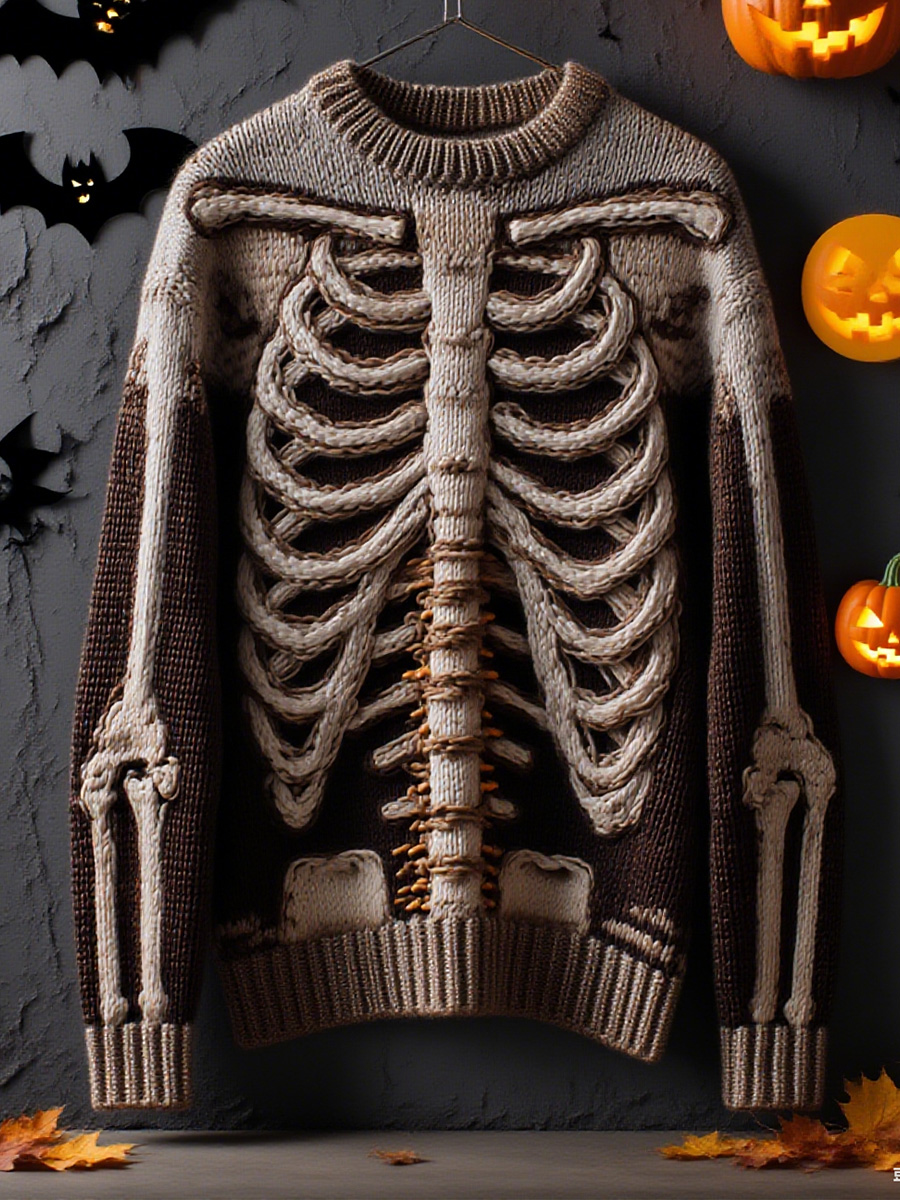 Halloween Retro Horror Skull Print Knit Pullover Sweater