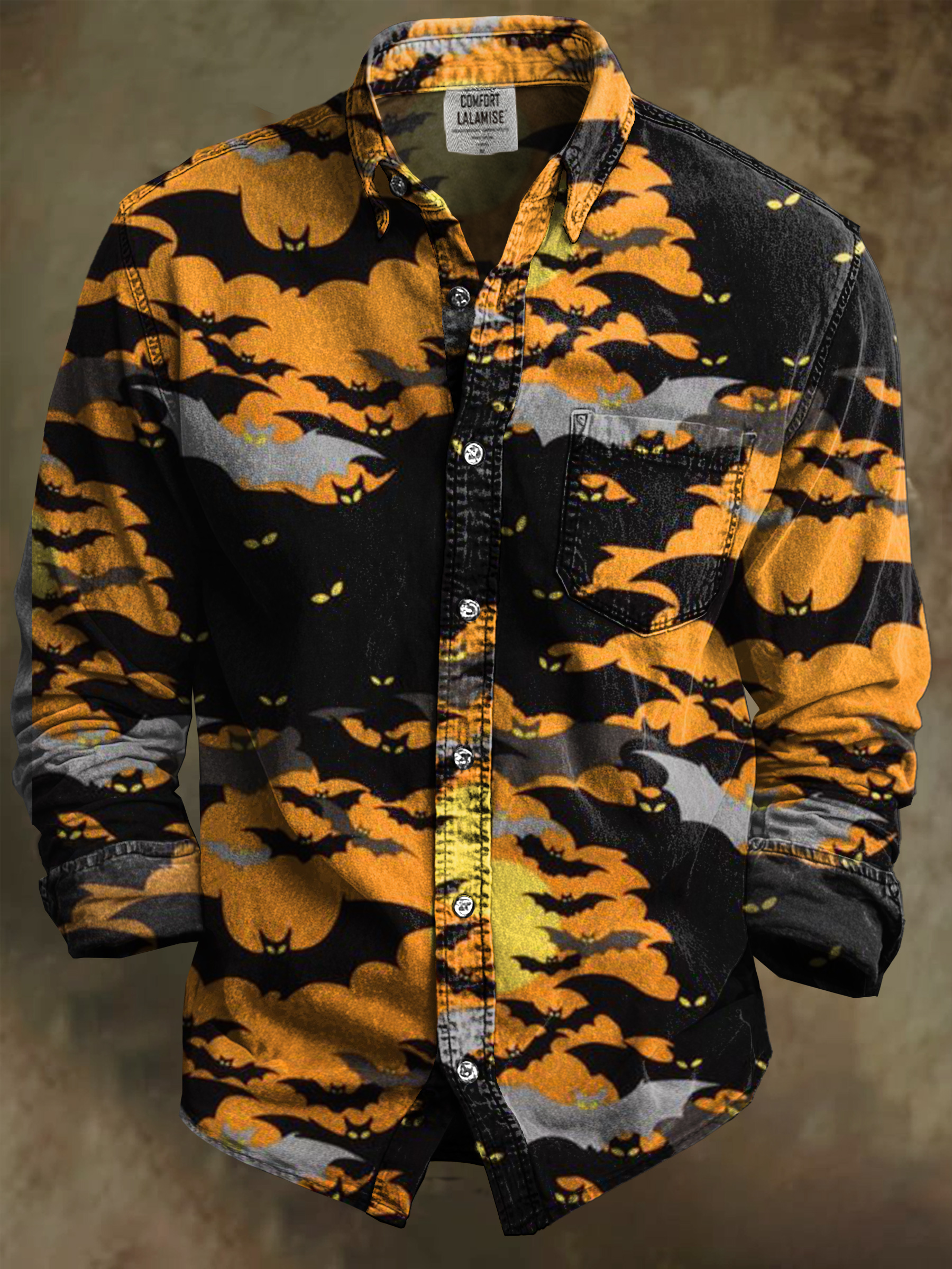 Vintage Abstract Halloween Bat Art Print 100% Cotton Long Sleeve Shirt