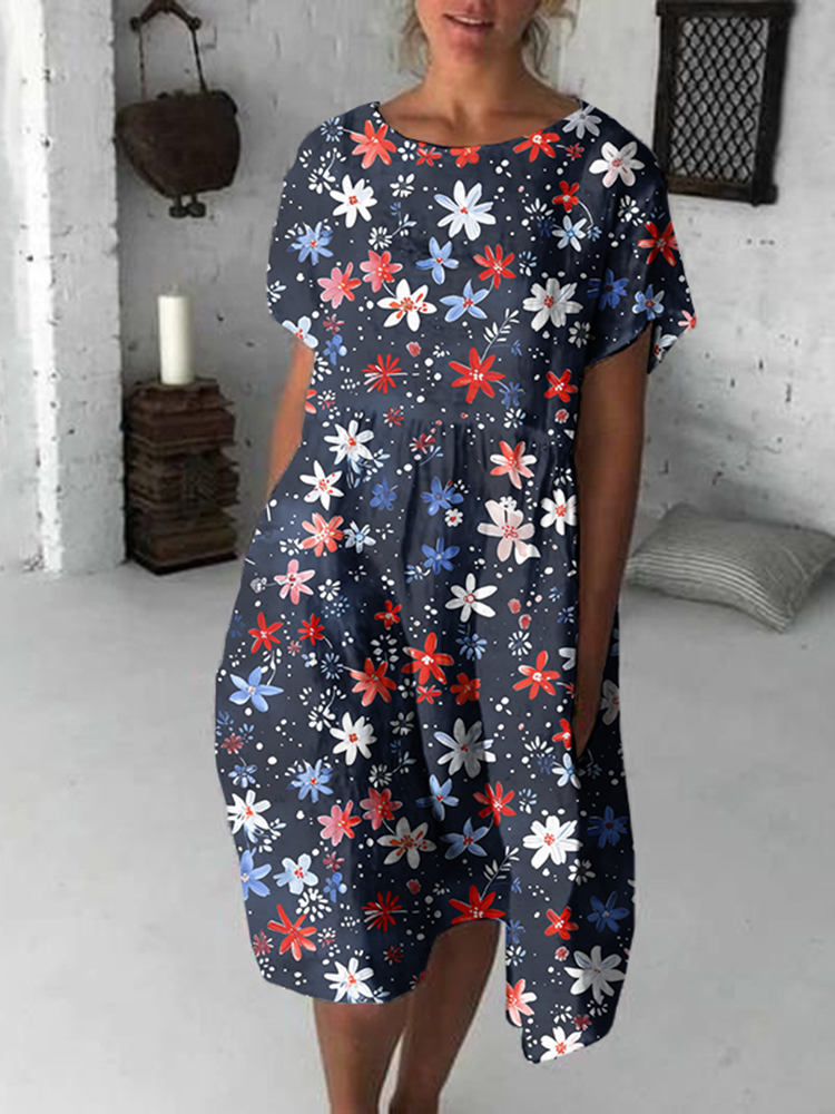 Independence Day Floral Print Loose Midi Dress