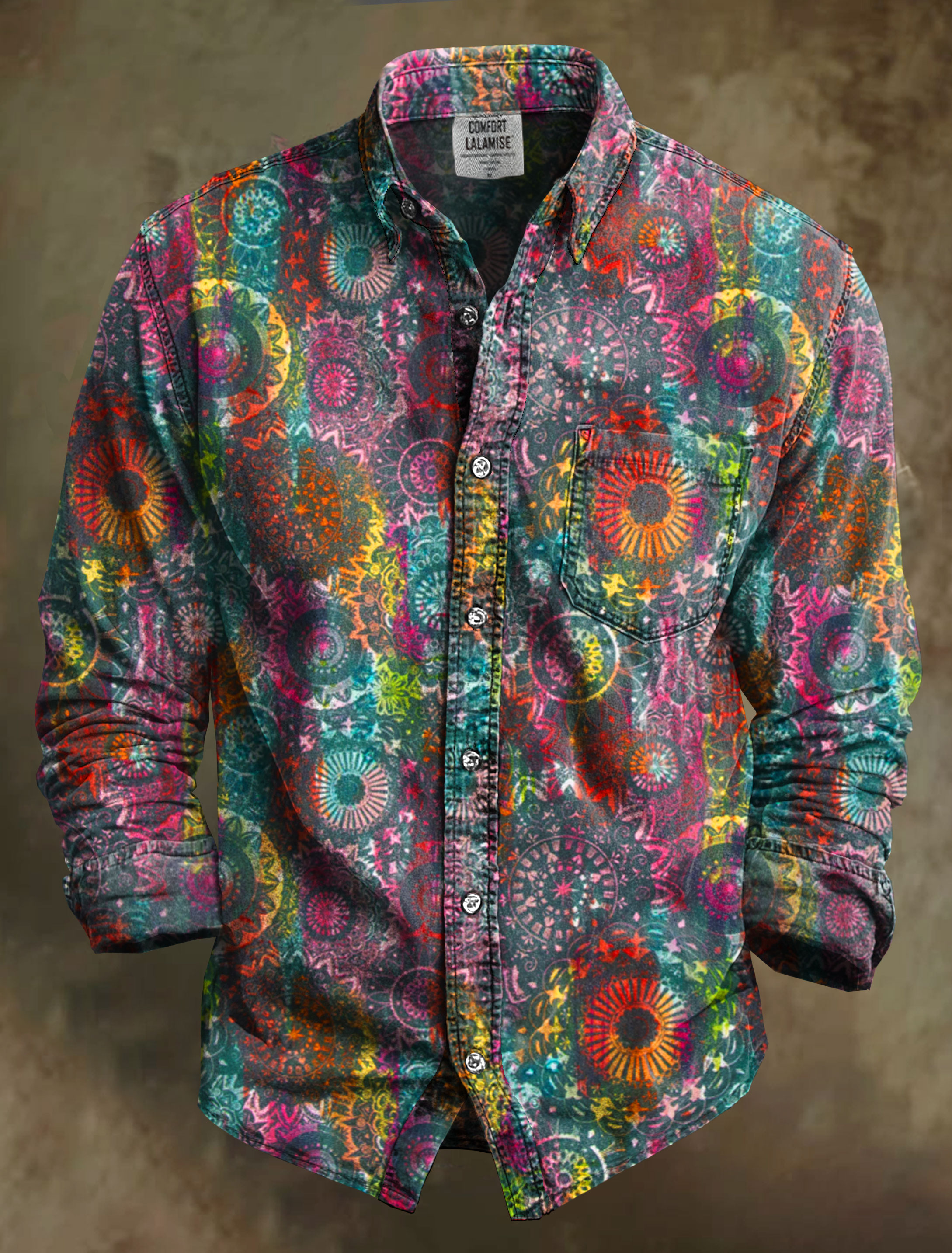 Vintage Colourful Rainbow Tie Dye round Mandala Art Print 100% Cotton Long Sleeve Shirt