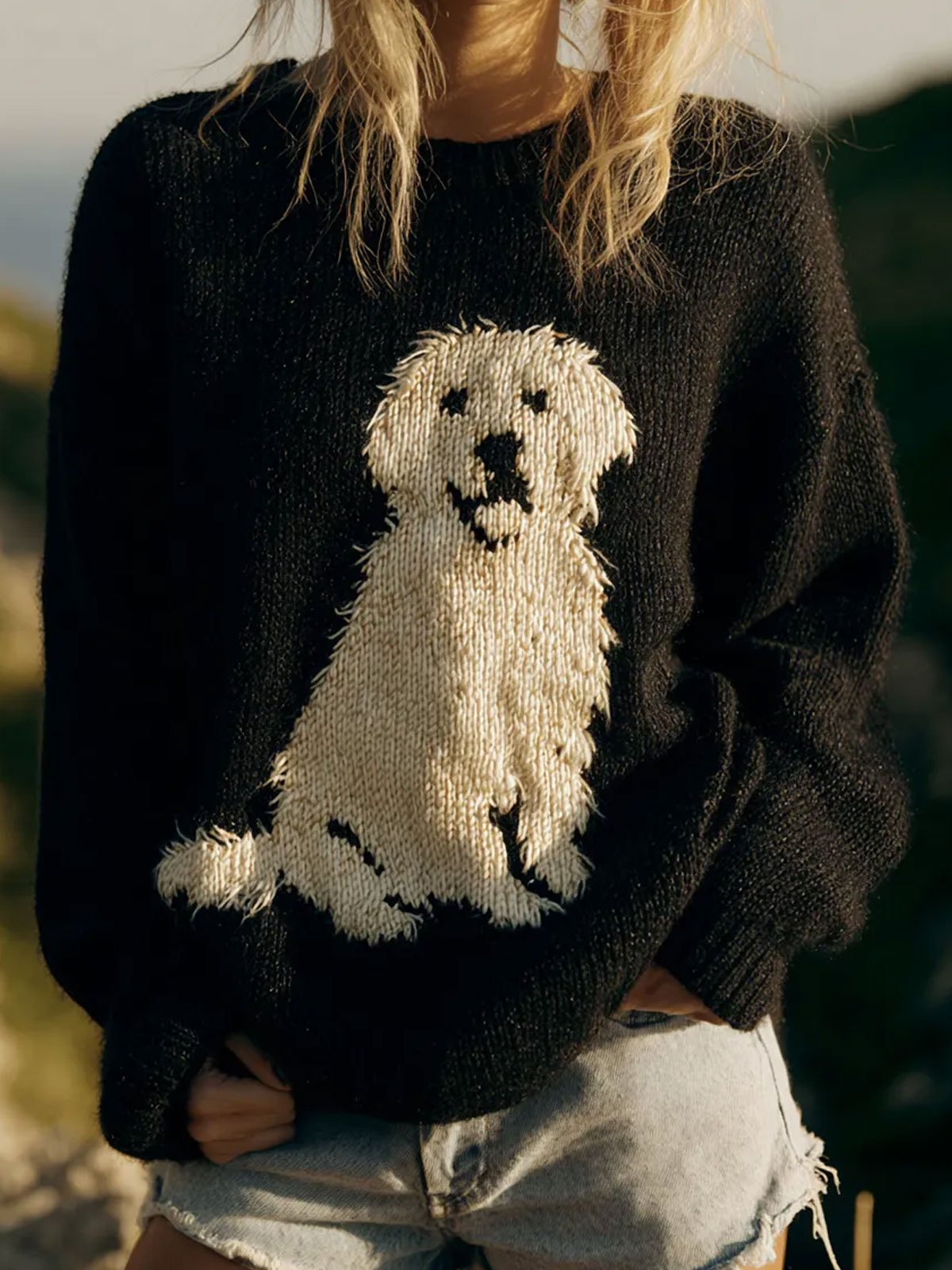 White Dog Art Print Knit Pullover Sweater