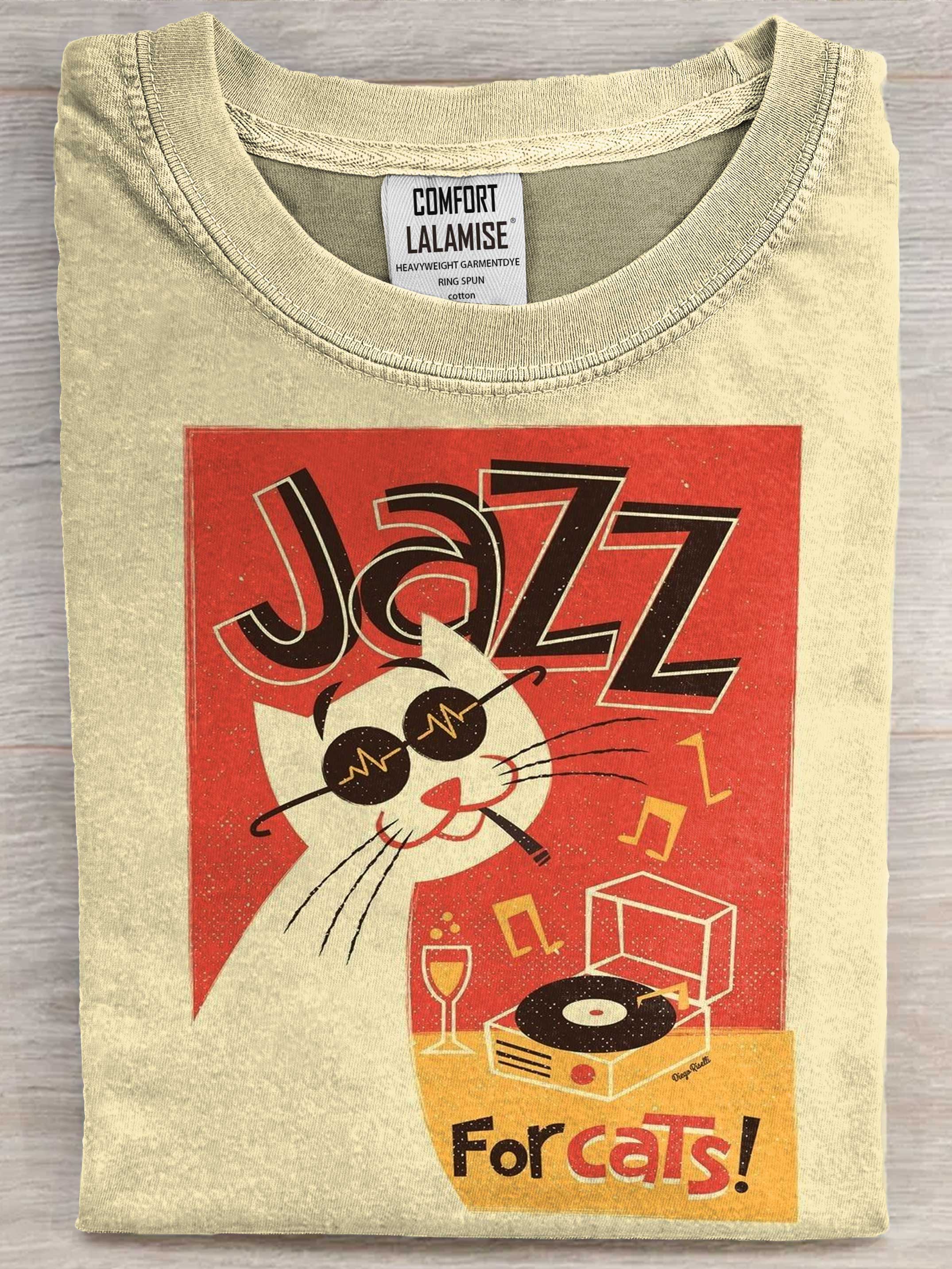 Vintage JAZZ For Cats Art Print Casual Short Sleeve T-shirt