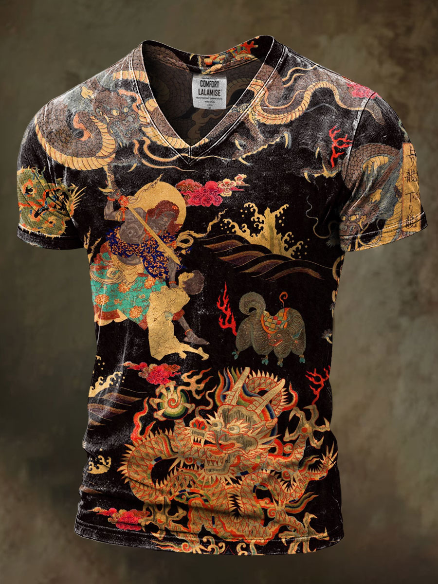 Retro Art Print Casaul Short Sleeve V-neck T-shirt