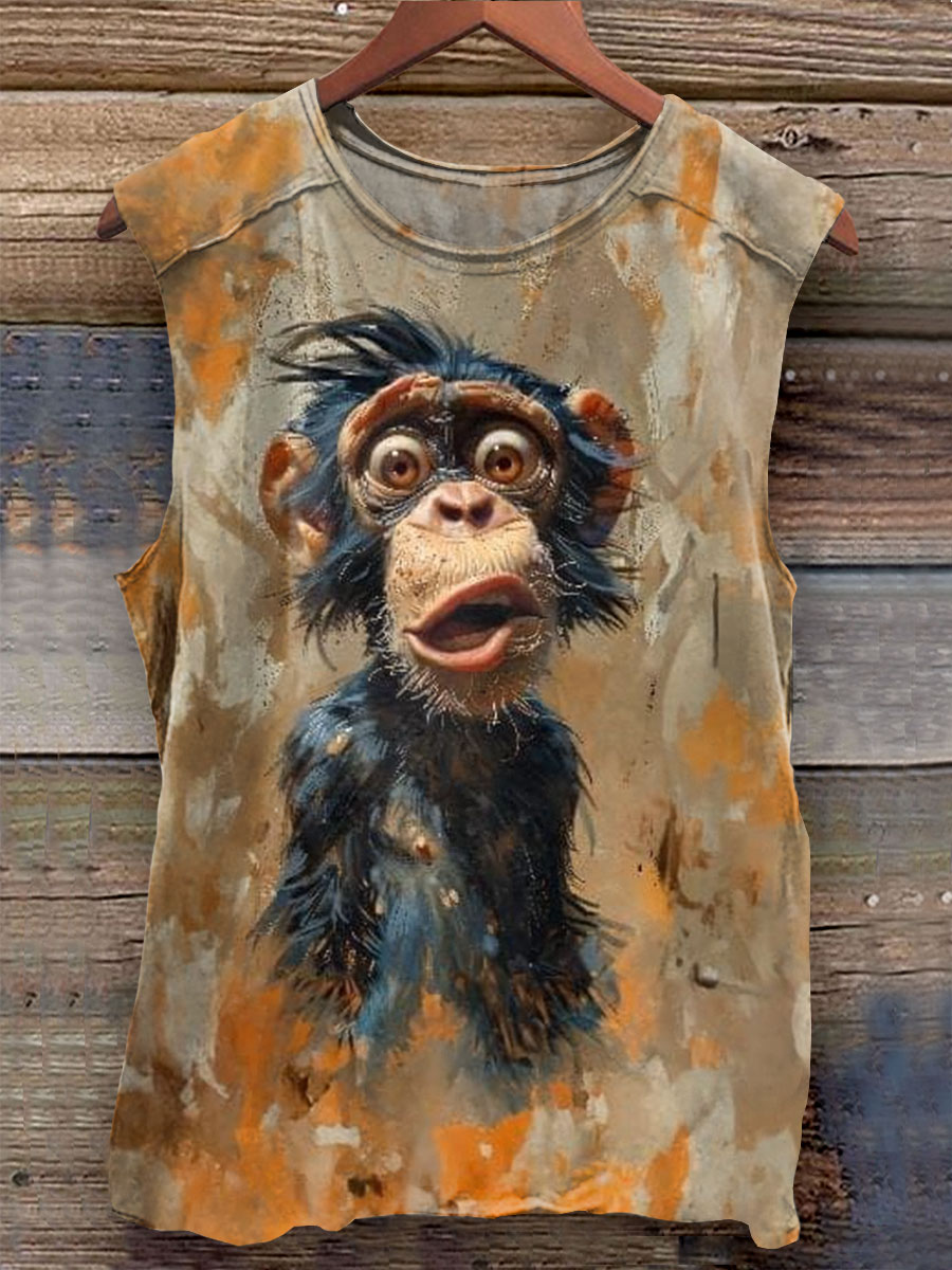 Monkey Art Print 100% Cotton Casual Tank Top