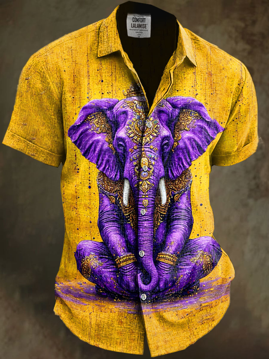 Meditating Elephant Art Print Casual Cotton And Linen Shirt